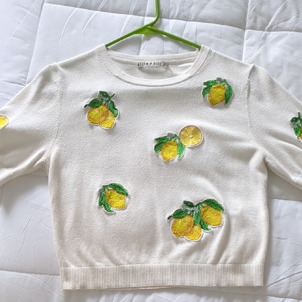 Alice & Olivia Lemon Embroidered White Sweater